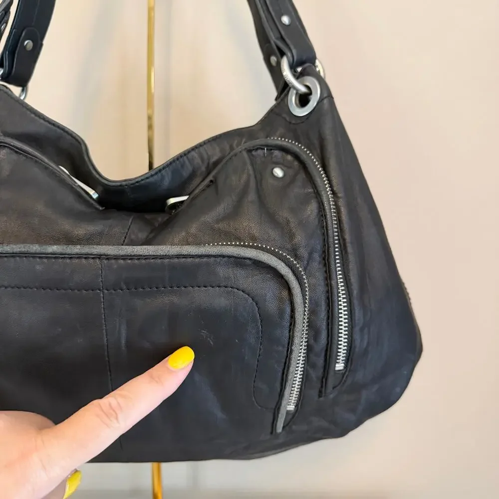 Perlina Hobo Shoulder Bag OS Black Leather Multi Pocket Shoulder Purse Slouchy